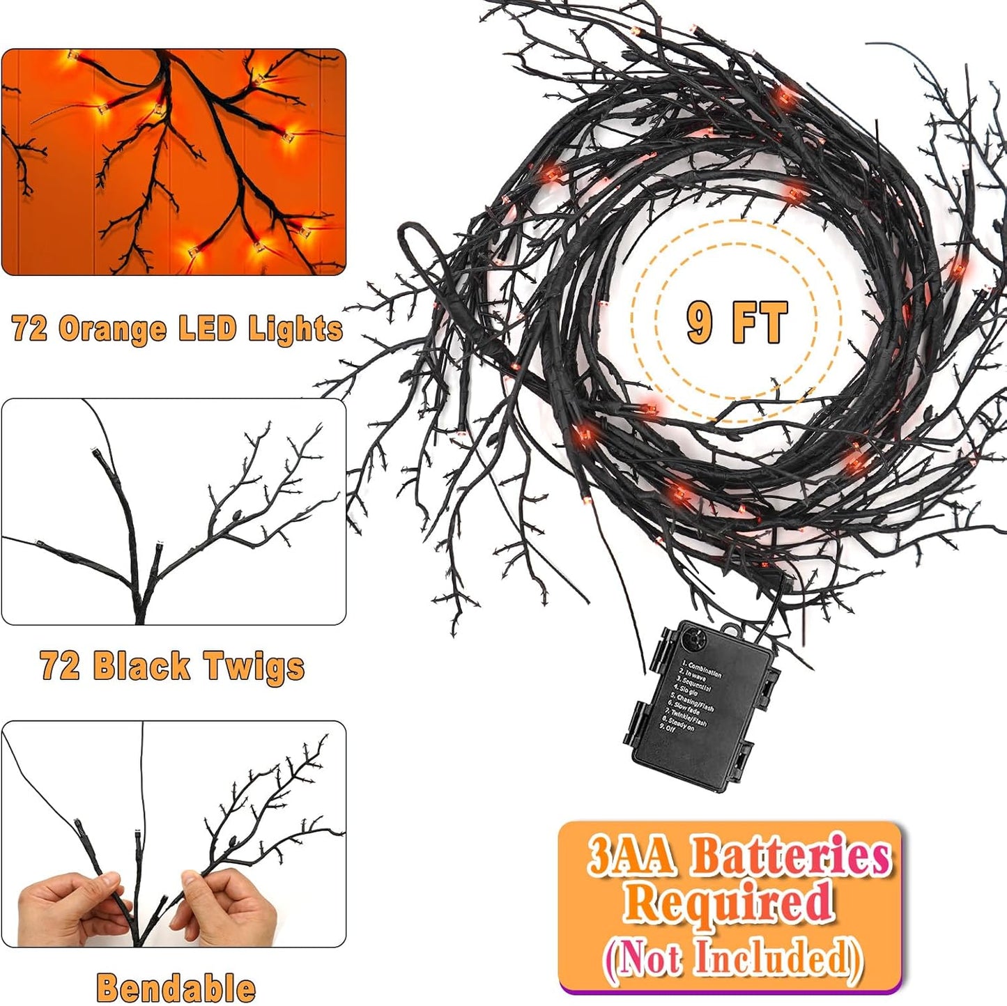 9 FT 72LED Halloween Willow Vine Twig Decor Branches Garland with Lights - 8 Modes Timer - Waterproof Battery Operated for Indoor Wall Fireplace Halloween Decorations
