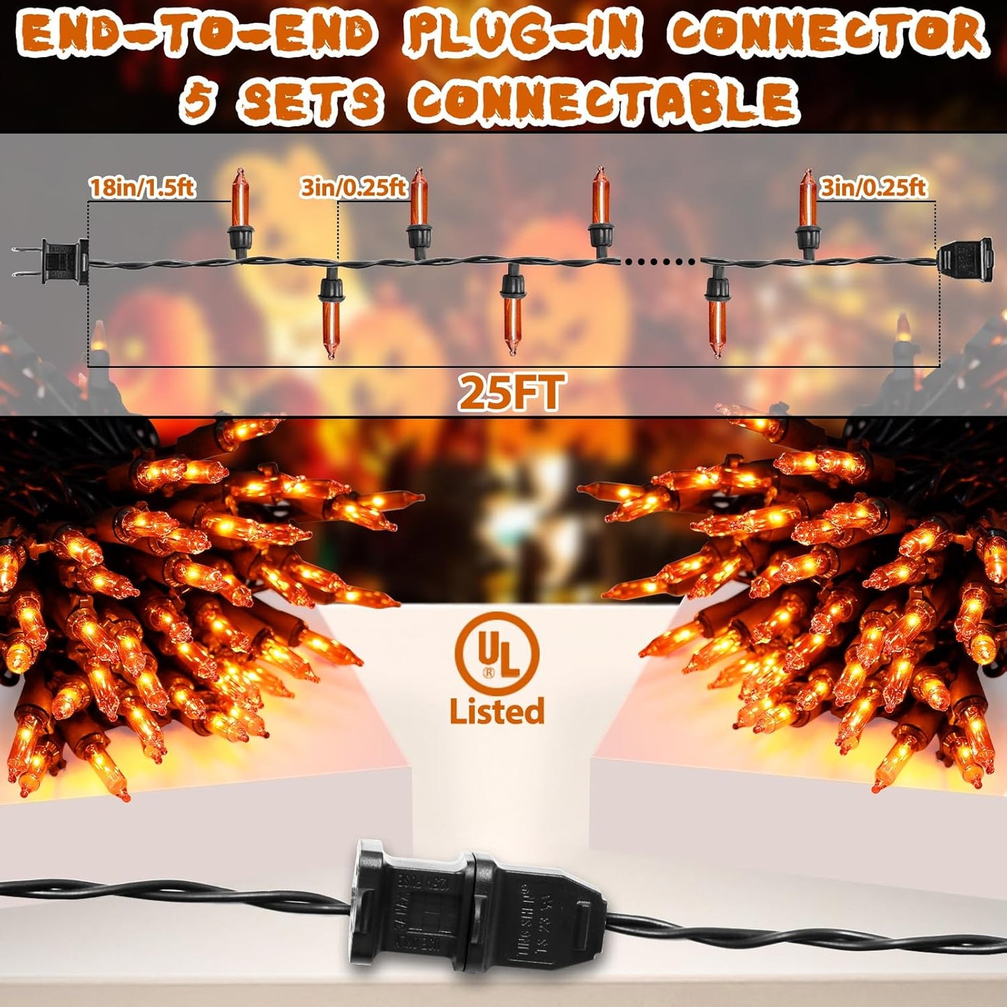 Halloween Lights Orange Lights, 25FT 100 Count Incandescent Connectable Fall Light, 120V UL Listed Waterproof Halloween Decorations for Autumn Indoor Outdoor Party Home Garden Yard Decor