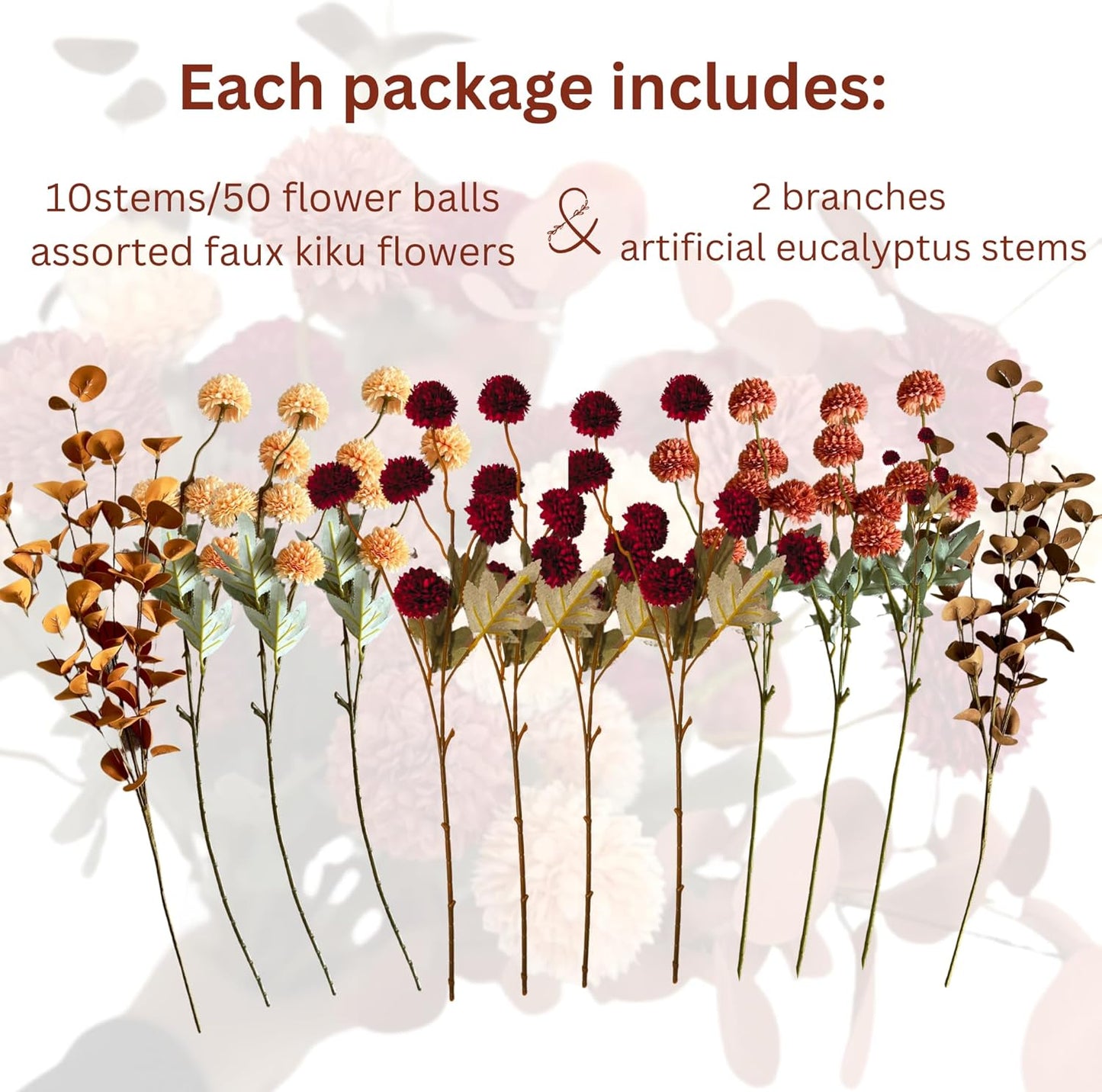 Fall Flowers, Burnt Orange Faux Kiku Flowers Artificial 10 Stems + Eucalyptus, Fake Silk Mums Fall Floral Centerpiece, Autumn Decor, Terracotta Mini Balls Faux Stems For Vase, Decoración de Otoño