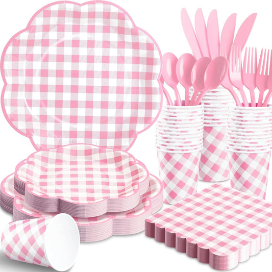 175 Pcs Pink Gingham Plates and Napkins Party Supplies - Pink and White Checkered Plates Sets Serve 25 Guests - Scalloped Gingham Paper Plate for Birthday Wedding Picnic Party Decorations