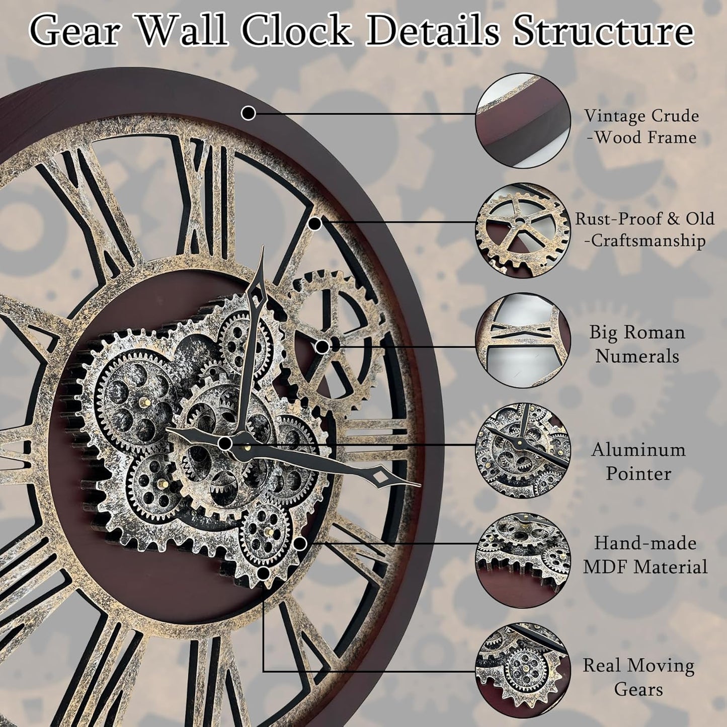 HOIBAI Large Wall Clock, Wall Clocks for Living Room Decor 30 Inch Farmhouse Vintage Rustic Kitchen Wall Decor Vintage Roman Oversized Wall Clock for Home Bedroom House, Moving Gears Clock