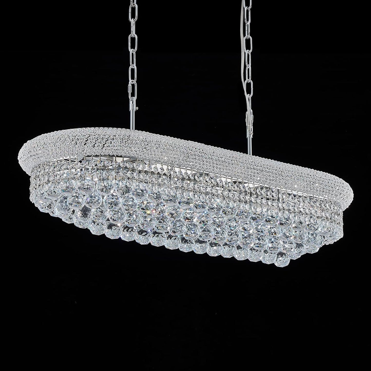 Rectangular Crystal Chandeliers for Dining Room,10 Lights Adjustable Height Oval Crystal Ceiling Light Fixture for Kitchen Island, Chrome Finish, L36''