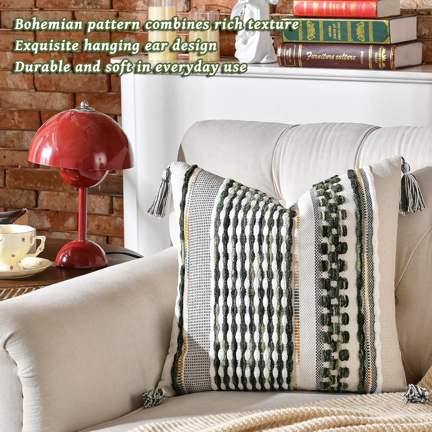 AmHoo Set of 2 Chenille Striped Textured Boho Throw Pillow Covers Aesthetic with Tassels Woven Decorative Pillow Case for Couch Bed Sofa Bedroom Modern Funky 18 x 18-Inch Sage Green