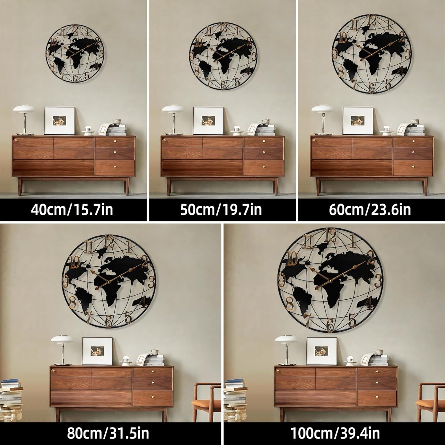 Large Wall Clock - 24 Inch World Map Minimalist Modern Round Metal Wall Clock Silent Non-Ticking Battery Operated Wall Clocks for Living Room Kitchen Office Farmhouse Home Decor