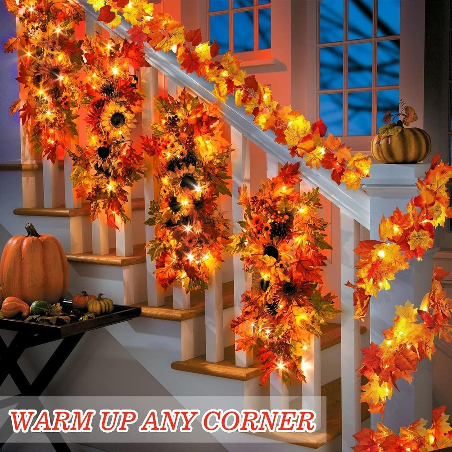 2 Pack Fall Decor Maple Leaves Garland with Lights Battery Operated Fall Thanksgiving Decorations Garland for Home Porch Front Door Table Mantle Outdoor Autumn Harvest Halloween Decor, 11.8Ft 40LED