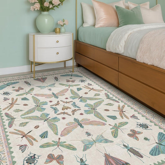 5x7 Pink and Green Nursery Rug - Colorful Rug for Bedroom, Living Room, Insect Butterfly Floral Non-Slip Soft Carpet