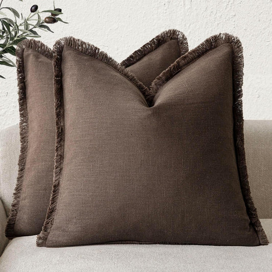 Foindtower Set of 2 Decorative Linen Fringe Throw Pillow Covers Boho Farmhouse Cushion Cover with Tassels Soft Accent Pillowcase for Couch Sofa Bed Living Room Home Decor,24×24 Inch,Reddish Brown