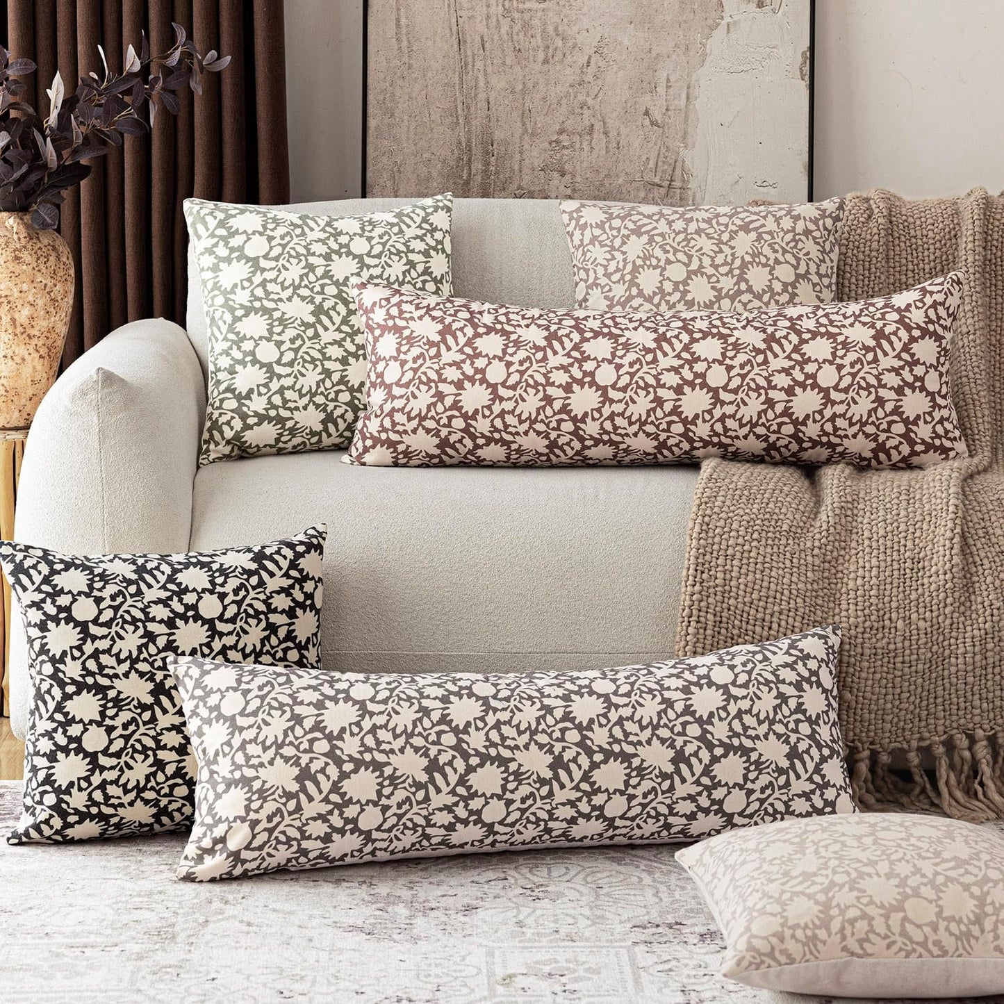 Foindtower Set of 2 Decorative Floral Long Body Lumbar Throw Pillow Covers Neutral Farmhouse Cushion Covers Boho Vintage Pillowcase For Couch Sofa Bedroom Living Room Home Decor Outdoor,14×36 Inch,Tan