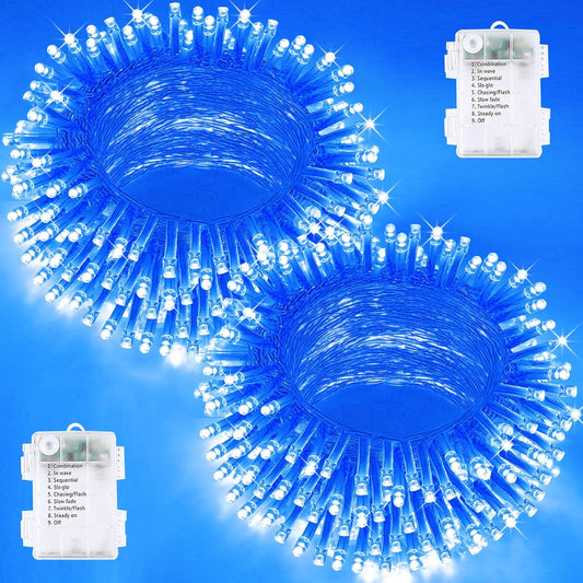 2 Pack Halloween String Lights Battery Operated with Timer, 66FT 200 LED Waterproof Battery Twinkle Lights, 8 Modes Fairy Light for Indoor & Outdoor Party Bedroom Garland Tree Christmas Decor (Blue)