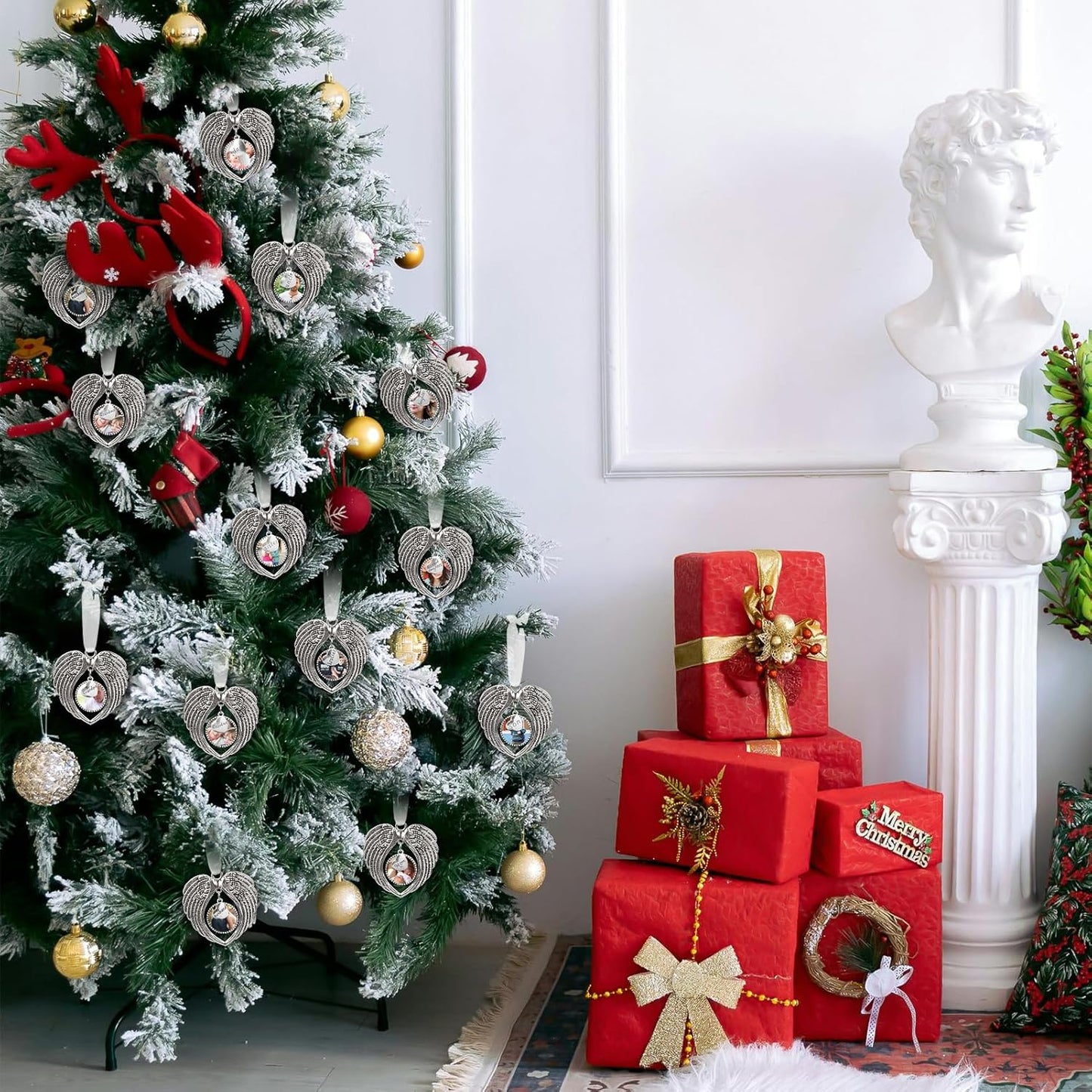 Christmas Ornaments Angel Wings with Custom Photo Frame for Loss of Loved One Remembrance Keepsake with Silk Ribbon & Red Gift Box