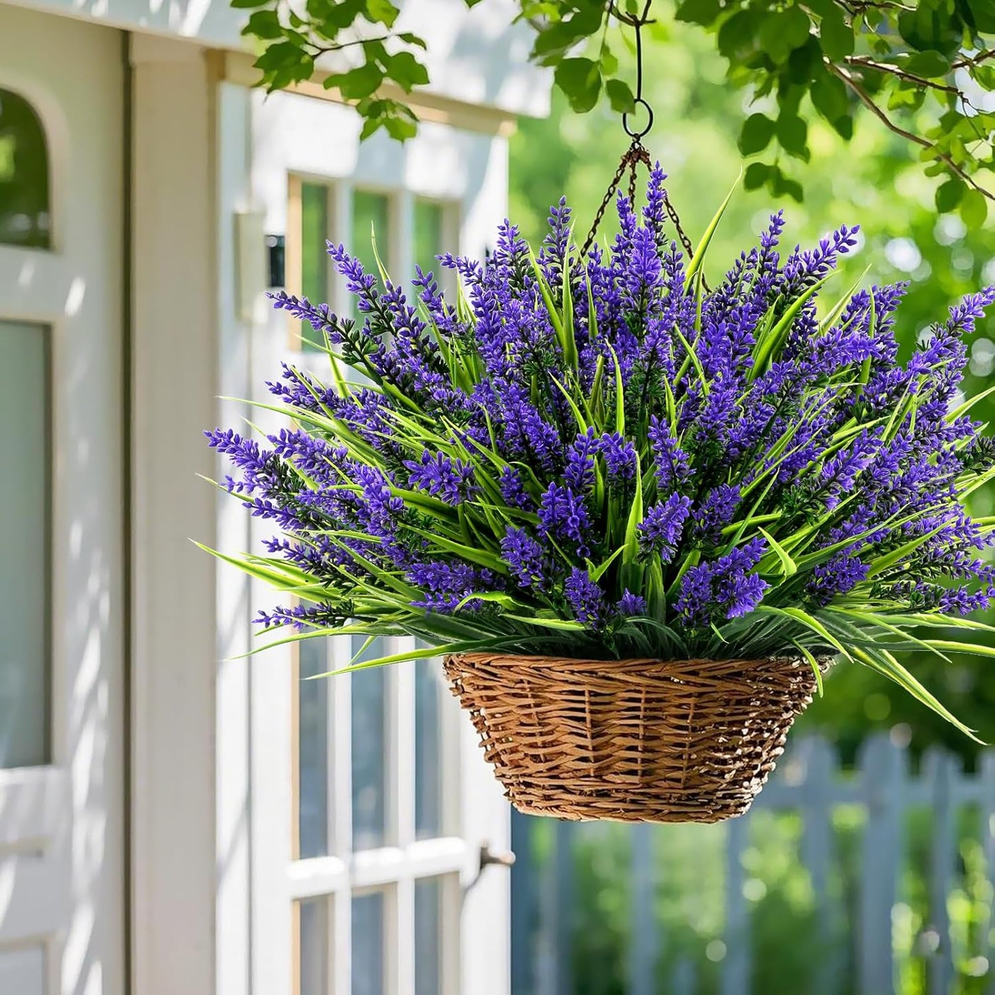 Geegoods 24 Bundles Artificial Plants Flowers Outdoor – Faux Lavender Flowers with Monkey Grass UV Resistant Plastic Faux Plants for Garden Porch Window Patio Hanging Planter Home Decor