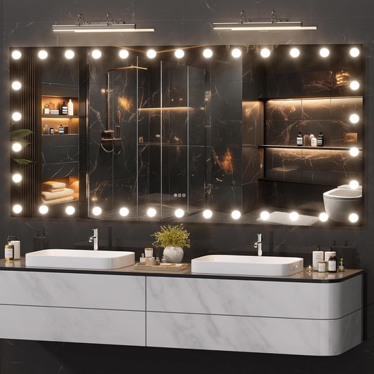 Hasipu LED Bathroom Mirror with Lights, 84" x 40" Hollywood Wall-Mounted Bathroom Mirror with 34 Dimmable Bulbs, 3 Colors Modes, Touch Control, Anti-Fog, Memory Function, Shatter-Proof, ETL Listed