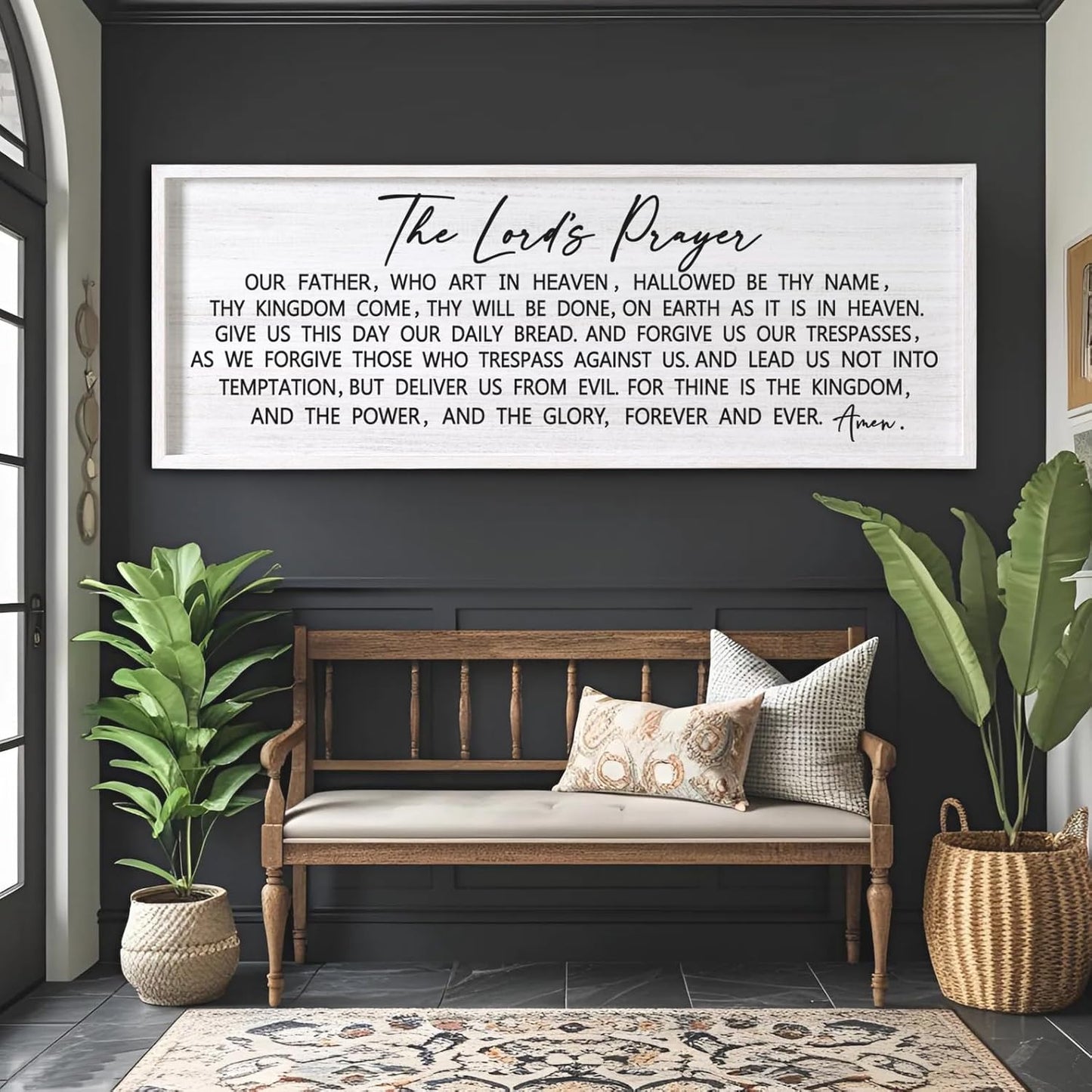 Our Father Prayer Bible Verse Framed Wall Art, 40''×15'' White Horizontal Religious Christian Lords Prayer Sign for God Jesus Christ Prayer, Rustic Holy Inspirational Catholic Scripture Decor