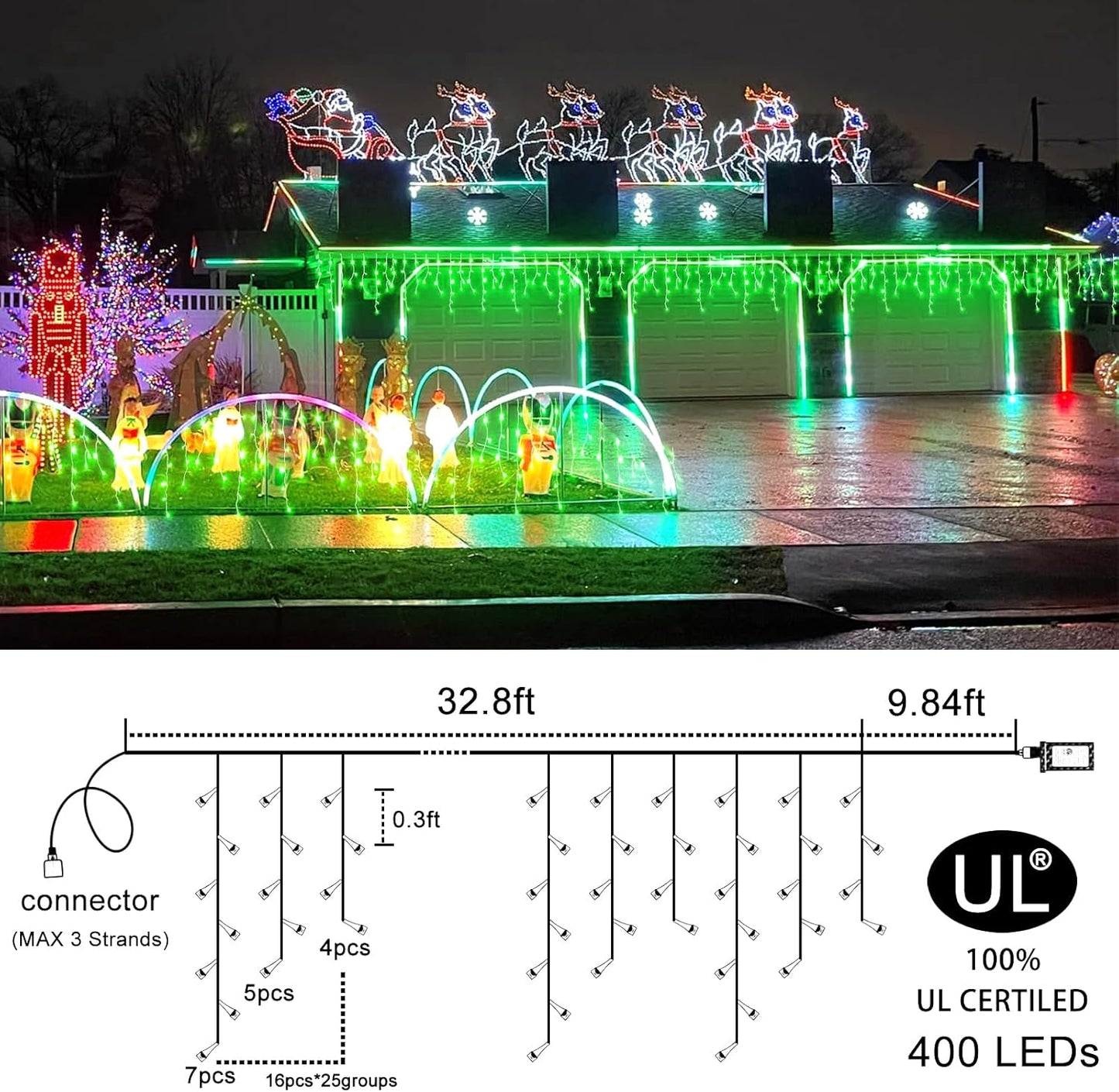 Green Christmas Lights Outdoor, 33ft 400 LED Icicle Lights for Outside House with Connectable Clear Wire 8 Modes Timer, Plug in Waterproof for Home Holiday Eaves Yard Party Room Indoor Decoration
