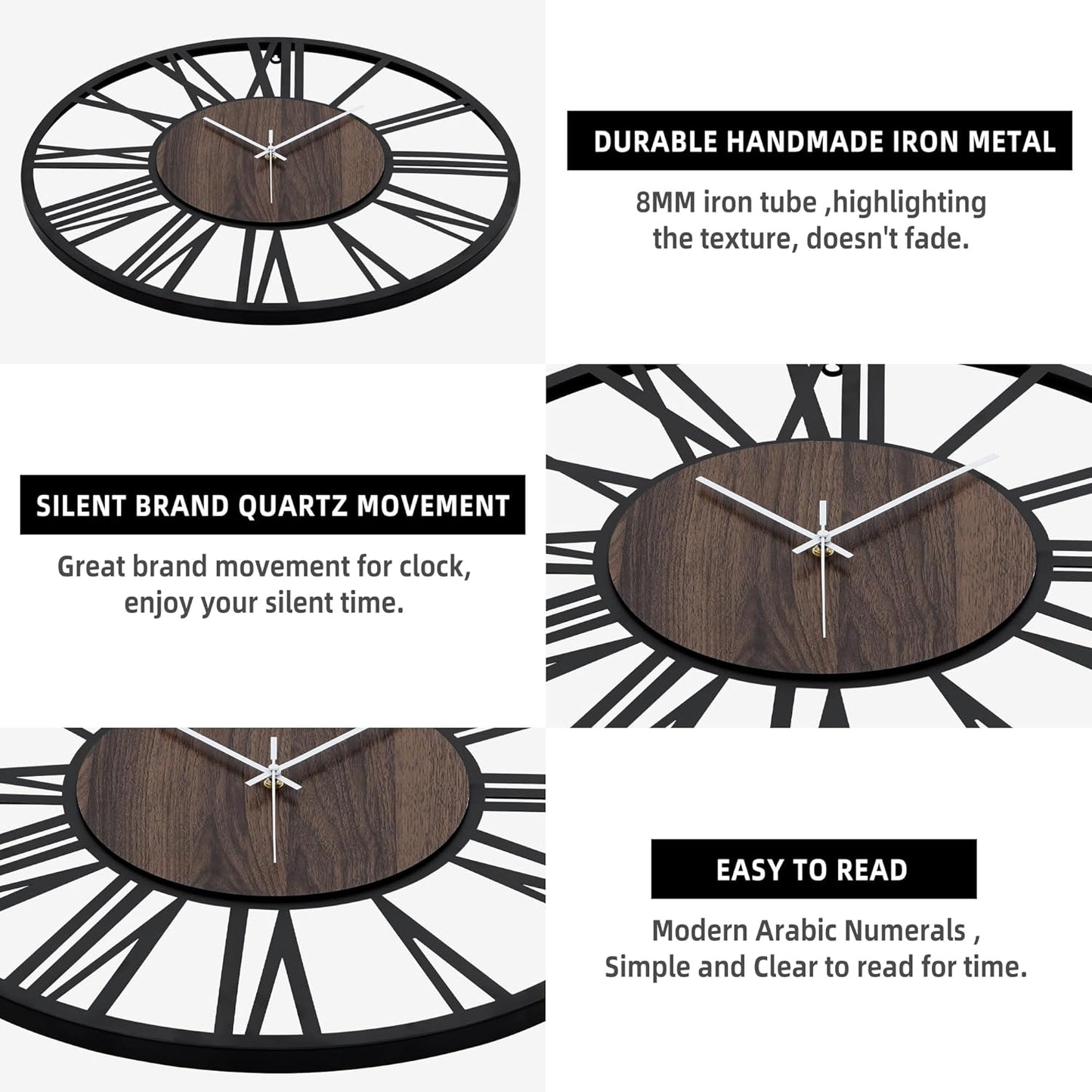 LEIKE 32" Oversized Large Wall Clocks,Silent,Non Ticking,Battery Operated Modern Round Big Wood Decorative Metal Wall Clock for Living Room, Bedroom,Kitchen,Farmhouse,Office Decor - Black,32 Inch
