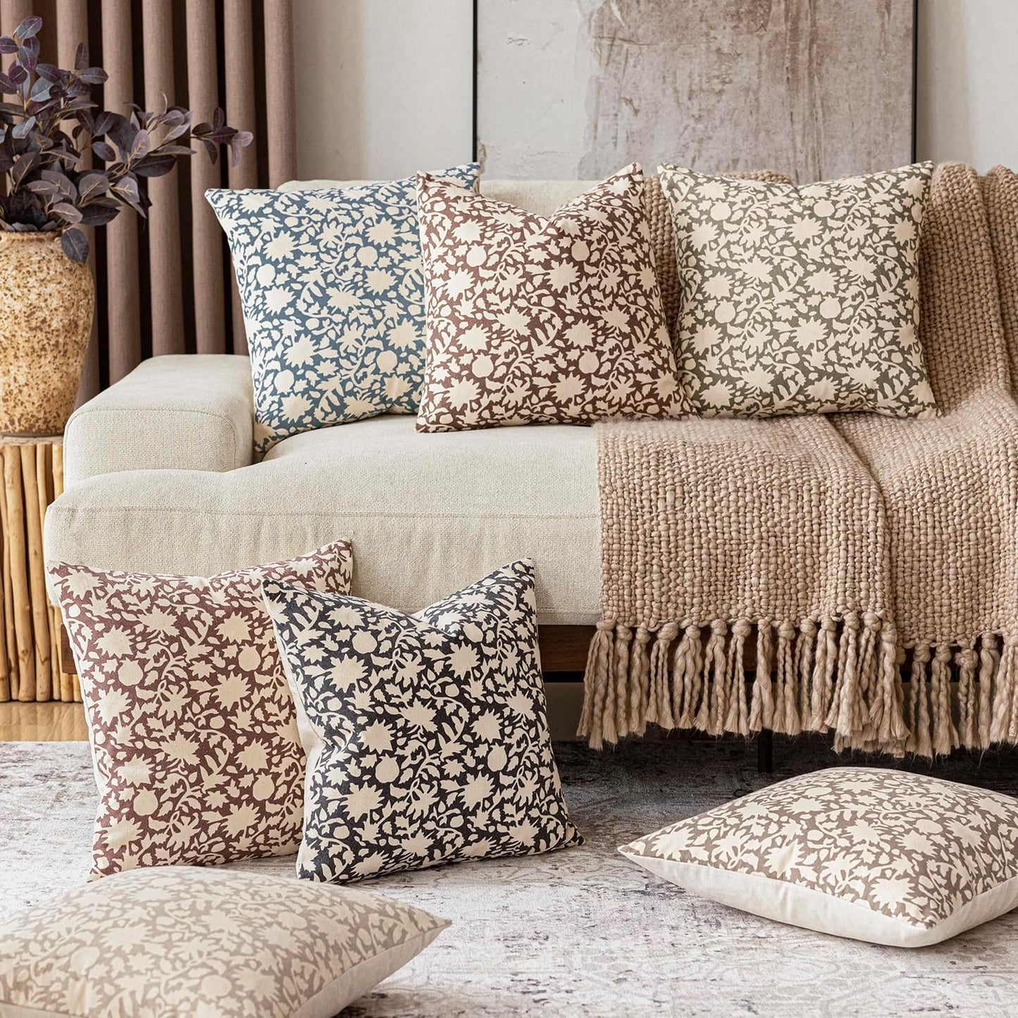 Foindtower Set of 2 Decorative Neutral Floral Throw Pillow Covers Accent Farmhouse Cushion Covers Boho Vintage Pillowcase for Couch Sofa Bedroom Living Room Home Decor Outdoor,22×22 Inch,Dusty Blue