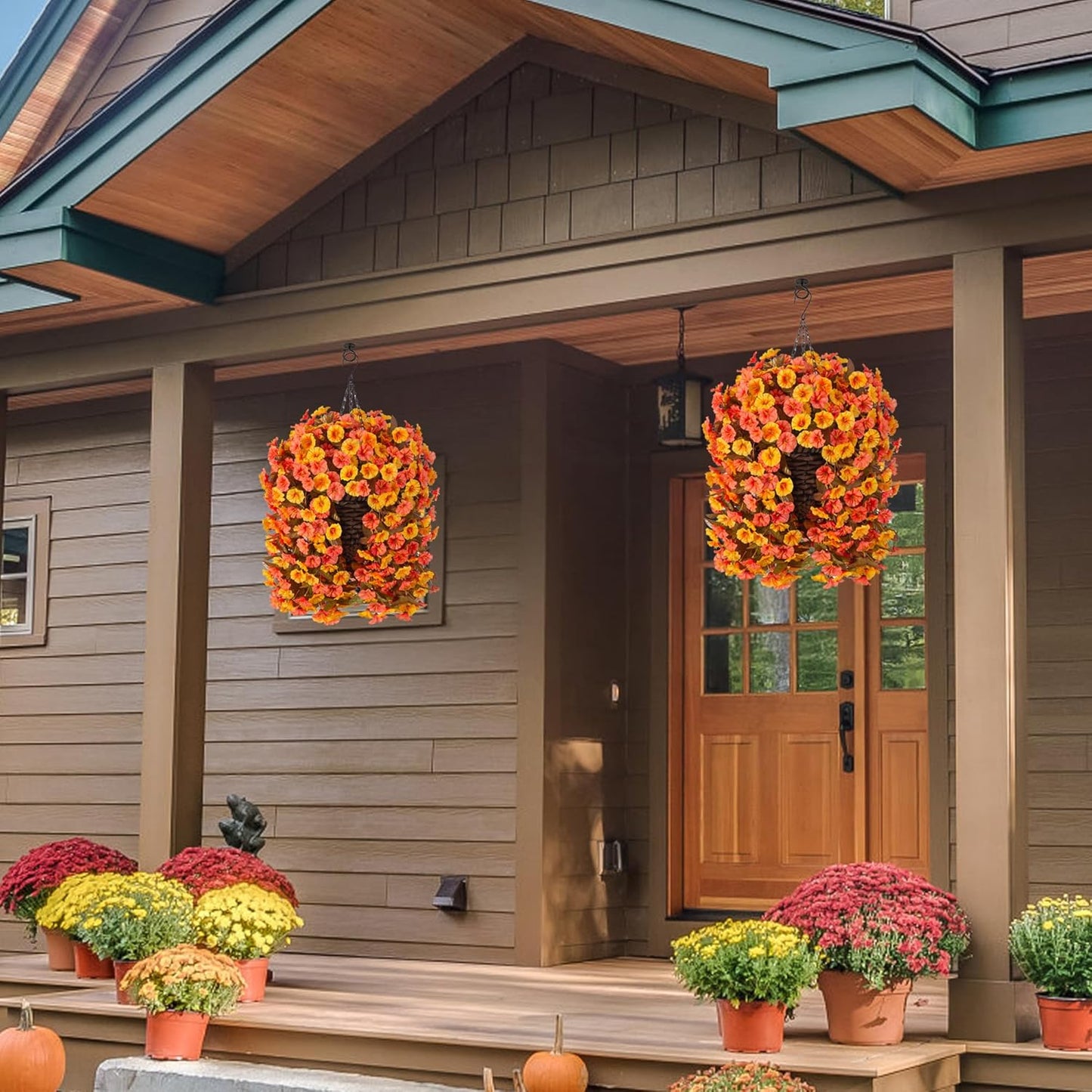 Artificial Fall Fake Hanging Flowers Plants Basket for Outdoor Autumn Decoration, Faux Silk Morning Glory Long Stems Vines Realistic UV Resistant for Outside Home Porch Garden (Fall Orange+Yellow)