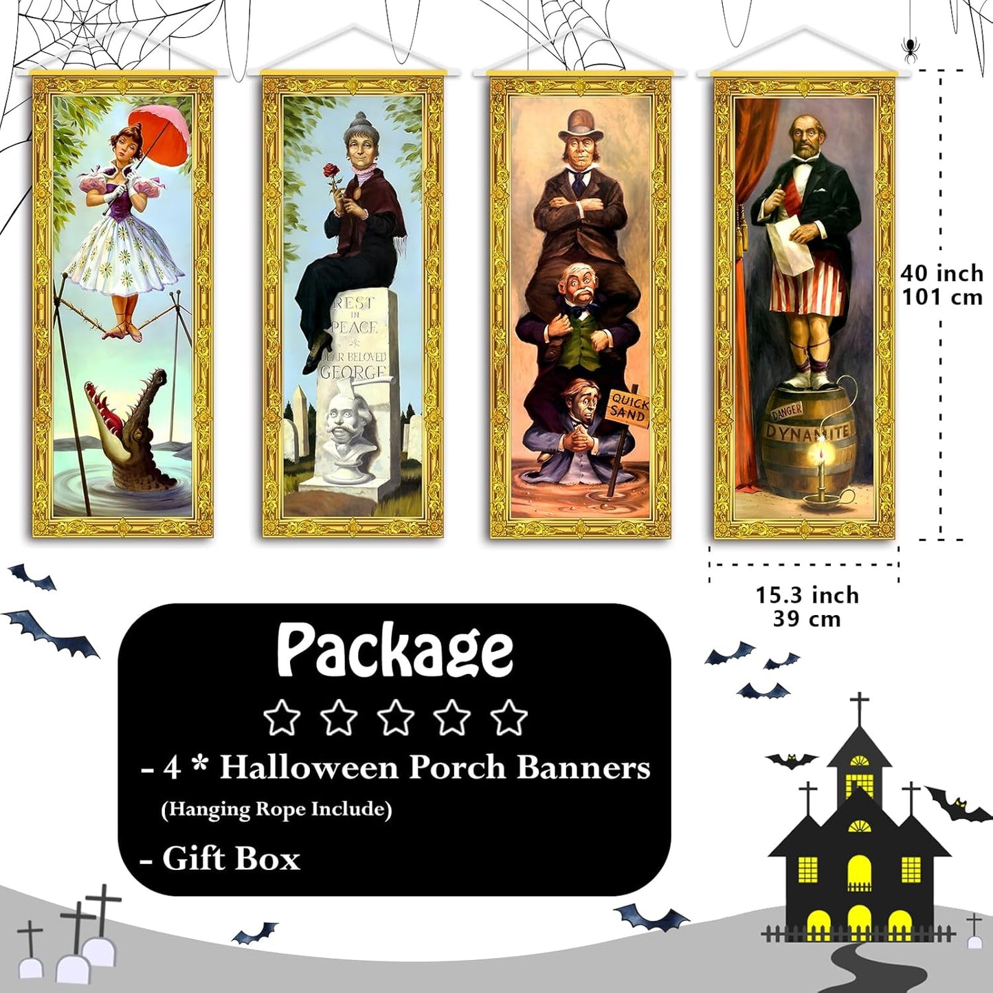 Halloween Decorations Large 4 PCS Haunted Mansion Stretching Portraits Vintage Vinyl Backdrop Decor Outdoor Horror Poster for Indoor Holiday Home Wall Art Wallpaper Hanging Porch Sign Banner Party