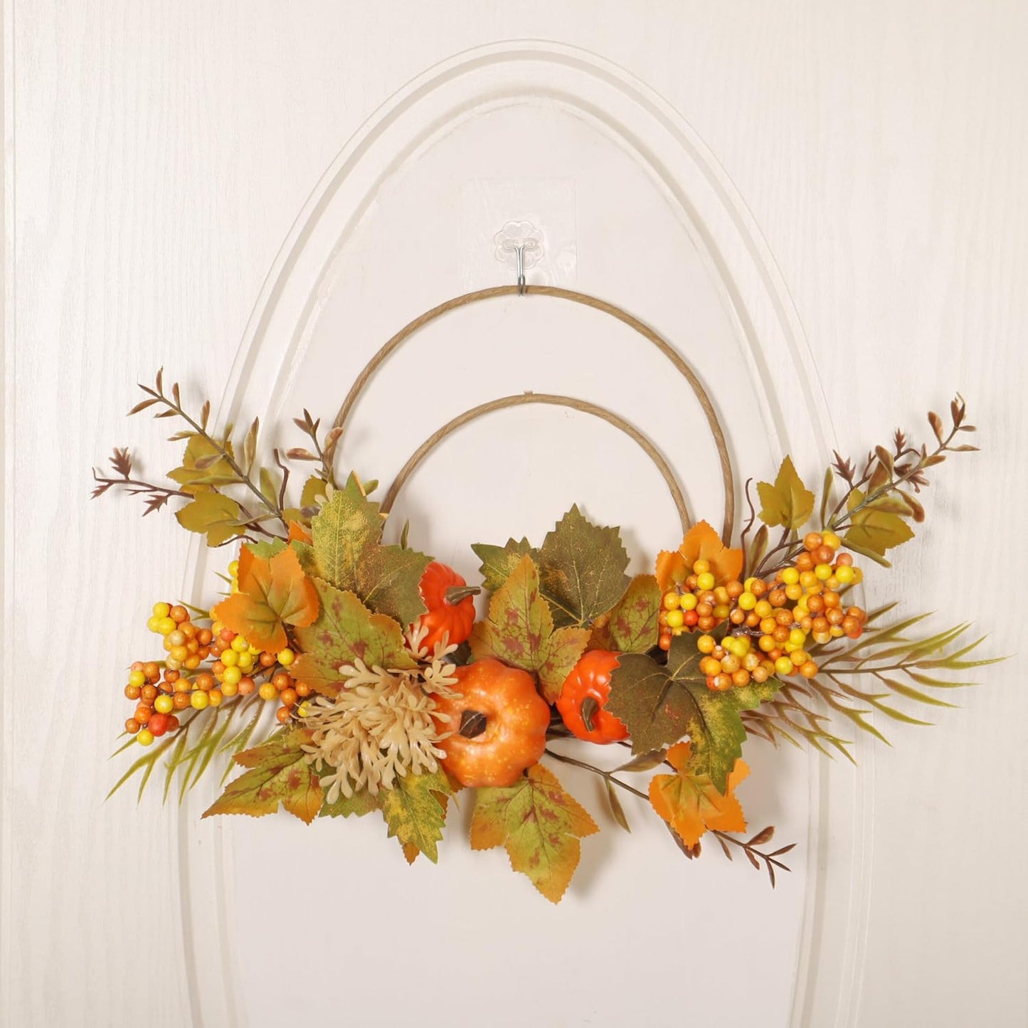 Fall Wreaths for Front Door, Autumn Wreath with Pumpkins, Berries and Leaves for Indoor Outdoor Porch Thanksgiving Farmhouse Harvest Halloween Home Décor (Orange Pumpkin)