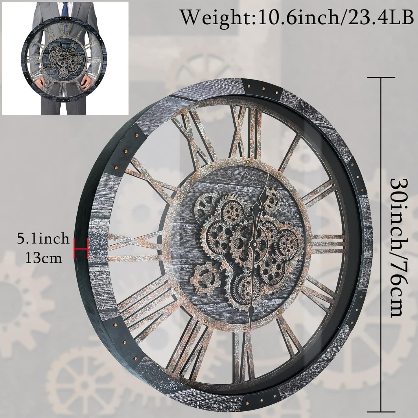 30 Inch Industrial Steampunk Wall Clock, Gray, Battery Operated, Real Rotating Gears, Solid Wood Frame, Oversized Wall Clock for Living Room Decor