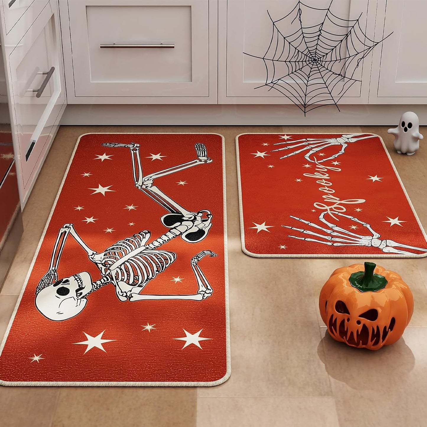 Halloween Kitchen Mat Set of 2, Spooky Skeleton Gothic Halloween Kitchen Decor, Halloween Rug for Floor, Indoor Spooky Home Decor with Non-Slip Backing,17 x 29 Inch & 17 x 47 Inch