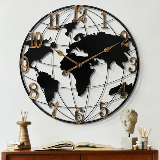 Large Wall Clock - 20 Inch World Map Minimalist Modern Round Metal Wall Clock Silent Non-Ticking Battery Operated Wall Clocks for Living Room Kitchen Office Farmhouse Home Decor