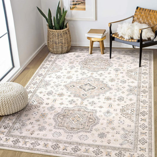 Washable Area Rugs for Living Room - 5x7 Neutral Vintage Distressed Floral Farmhouse Boho Large Soft Floor Rug Indoor Non Slip Carpet for Living Room Bedroom Dining Room Office - Beige Brown