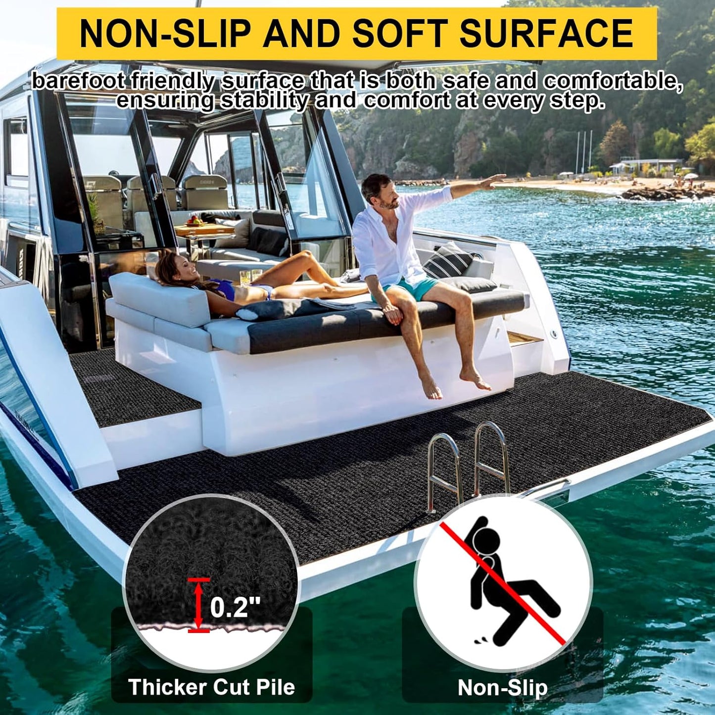 Marine Carpet - 6 FT x 18 FT Black Indoor/Outdoor Carpet, 0.2" Thick, Water-Proof TPE Backing, Non-Slide for Home, Patio, Porch, Deck