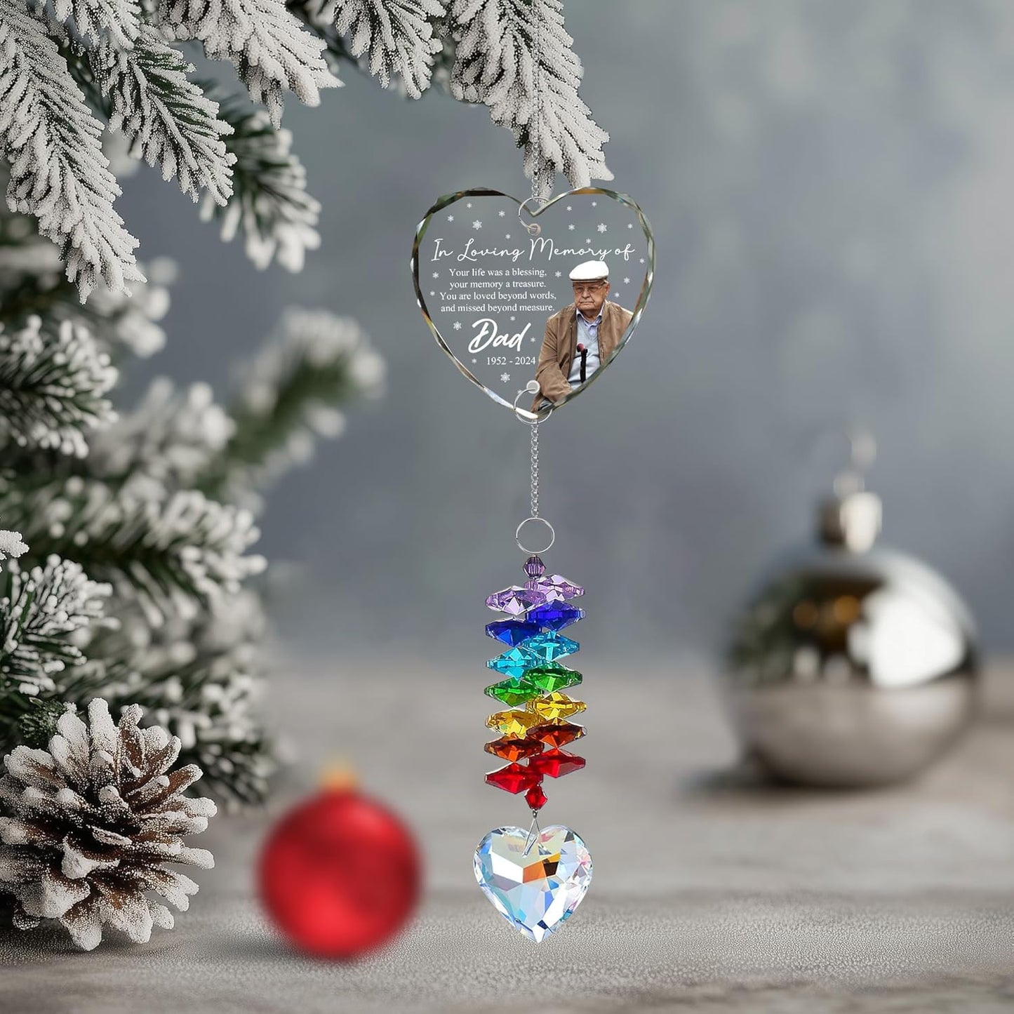 Personalized Heart-Shaped Memorial Ornament with Photo – Custom in Loving Memory Christmas Ornament for Dad – Rainbow Crystal Suncatcher with Loss of Father Quote – Remembrance Tree Decor