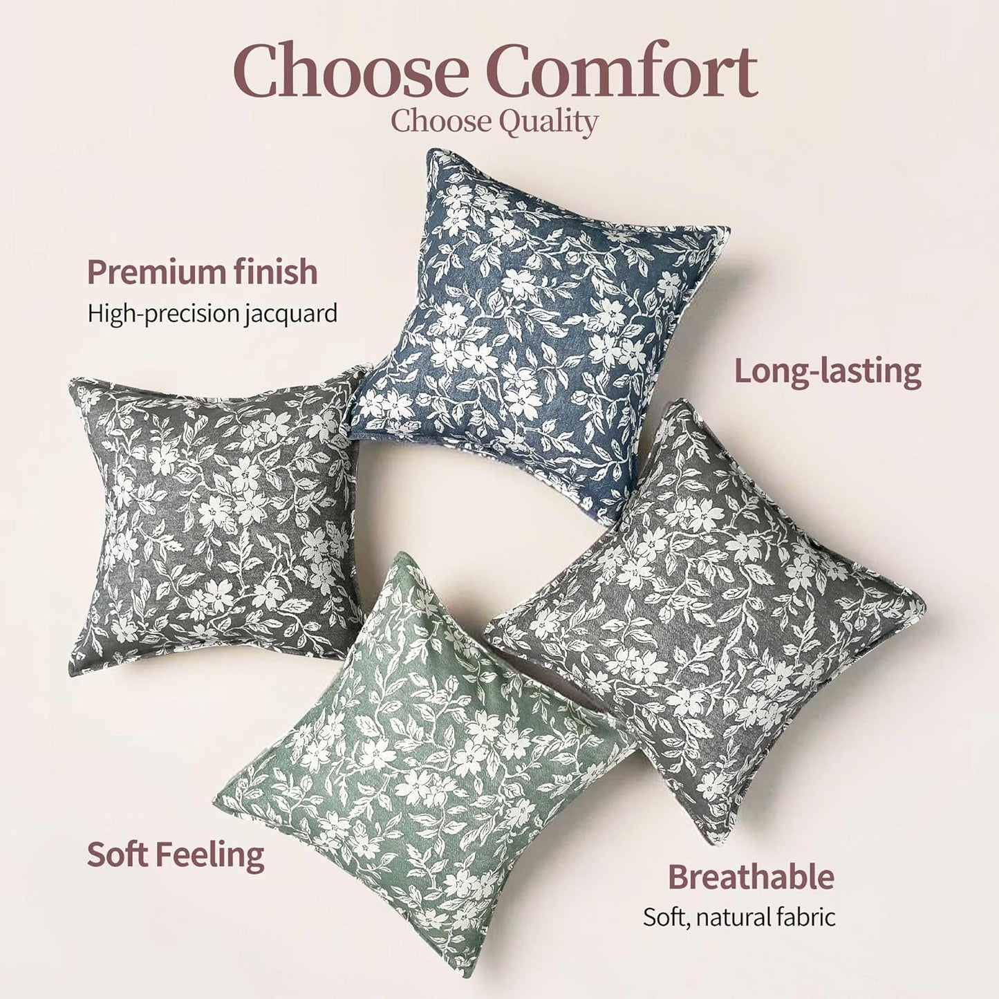 makkey 2 Pack 18x18 Pillow Covers, Teal Green Floral Decorative Pillows for Bed Cotton-Linen Blend for Living Room, Couch & Bed Cozy Home Decor