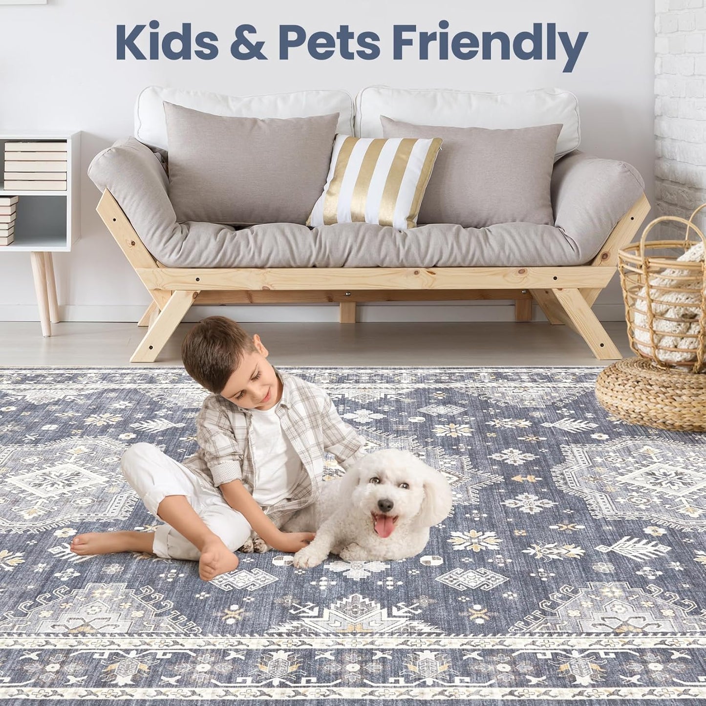 Washable Area Rugs for Living Room -8x10 Neutral Vintage Distressed Floral Farmhouse Boho Large Soft Floor Rug Indoor Non Slip Carpet for Living Room Bedroom Dining Room Office - Denim Blue/Grey