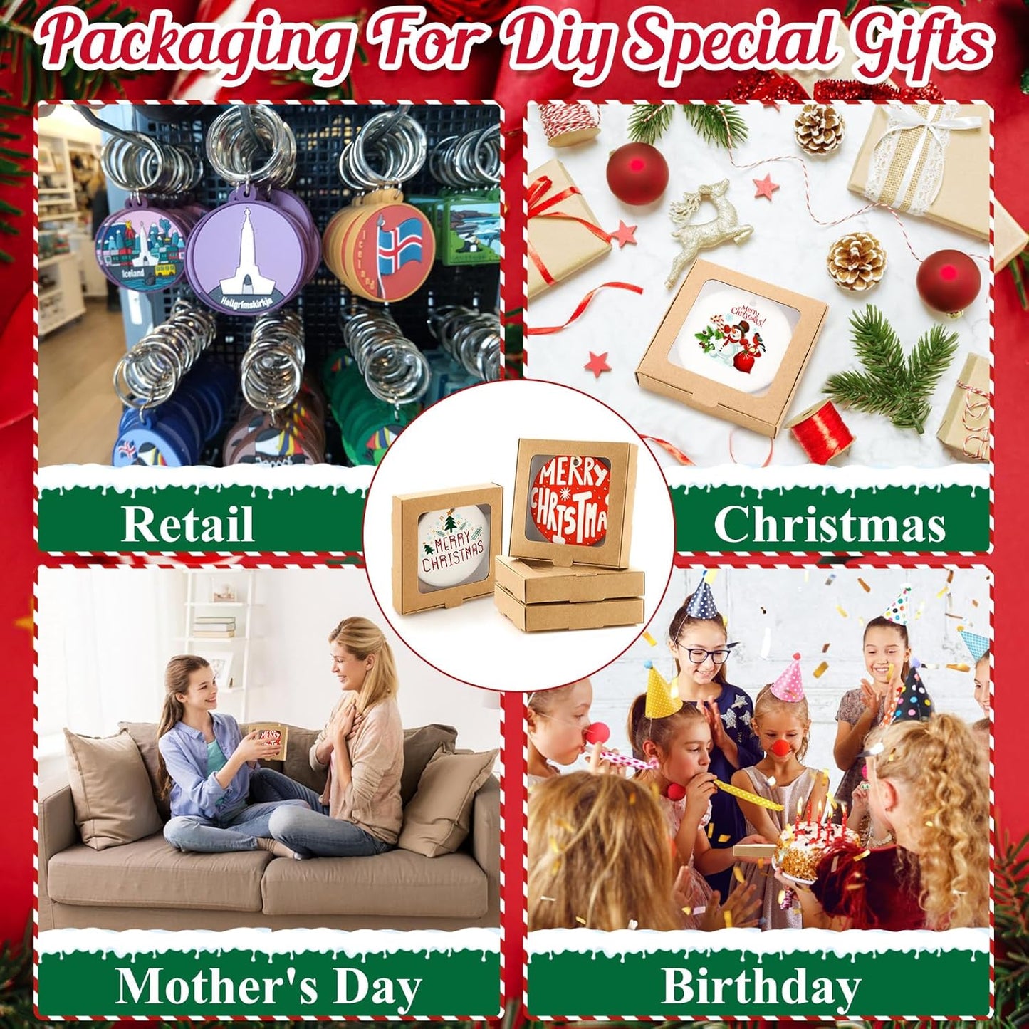 25 Pcs Sublimation Ornament Blanks Box 3.6"x3.6"x0.7" Christmas Ornaments Holder Ceramic Discs Packaging Box with Window for Personalized Xmas Tree Blanks Bulk (Kraft Paper)