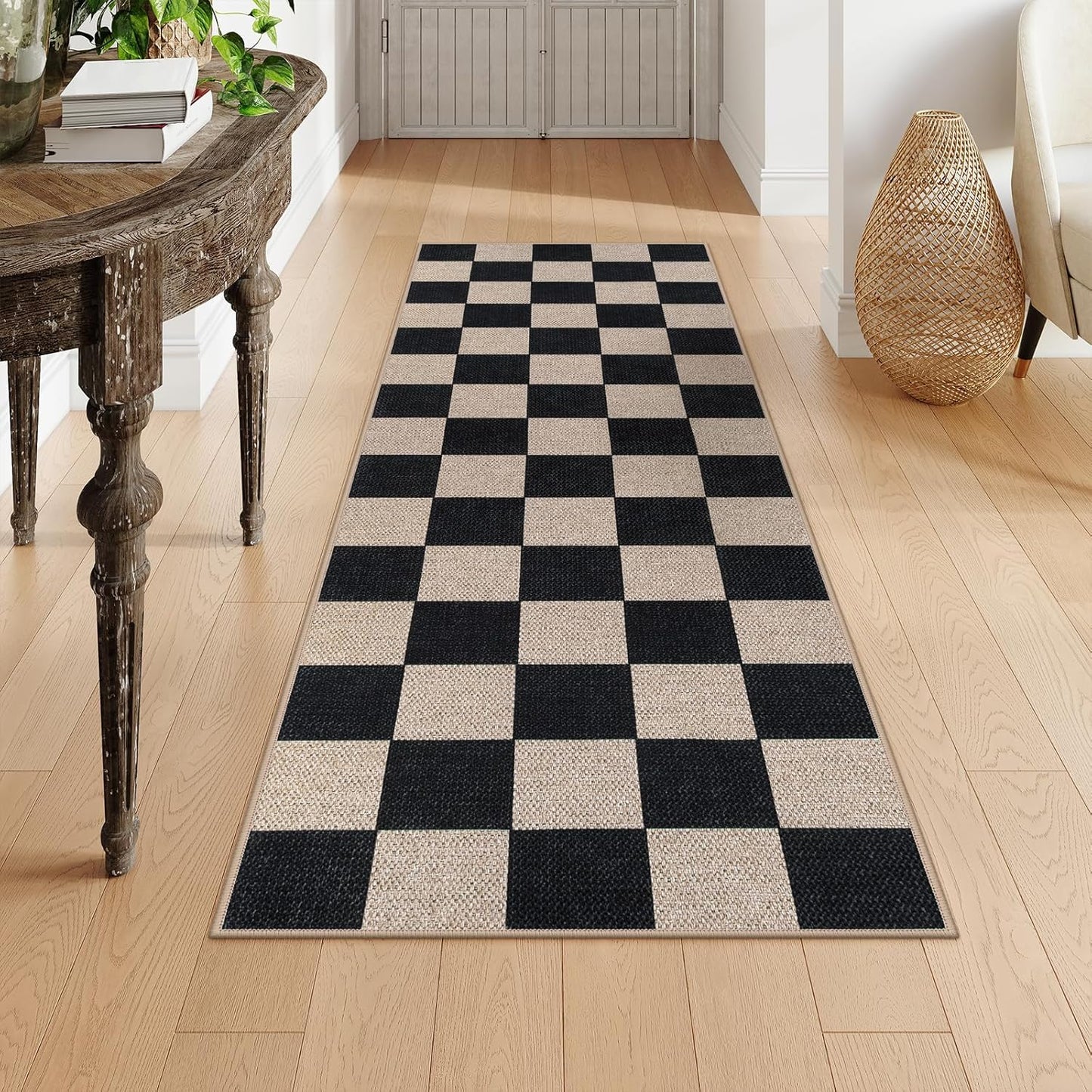 Lahome Checkered Easy Jute Runner Rug, 2x6 Kitchen Runner Rug Non Slip Washable Outdoor Carpet for Entryway Indoor, Checkerboard Black Indoor Outdoor Carpet Runners for Hallway 6ft Entry