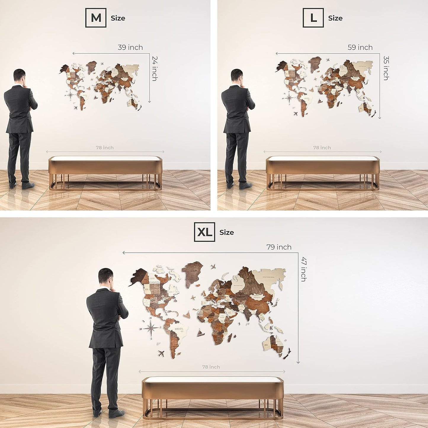 Handmade 3D Wood World Map Wall Art Large Wall Decor Track Your World Travels - Special For Home, Kitchen And Office (Large, Urban)