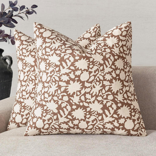 Foindtower Set of 2 Decorative Neutral Floral Throw Pillow Covers Accent Farmhouse Cushion Covers Boho Pillowcase for Couch Sofa Bedroom Living Room Home Decor Outdoor,20×20 Inch,Light Orange Brown