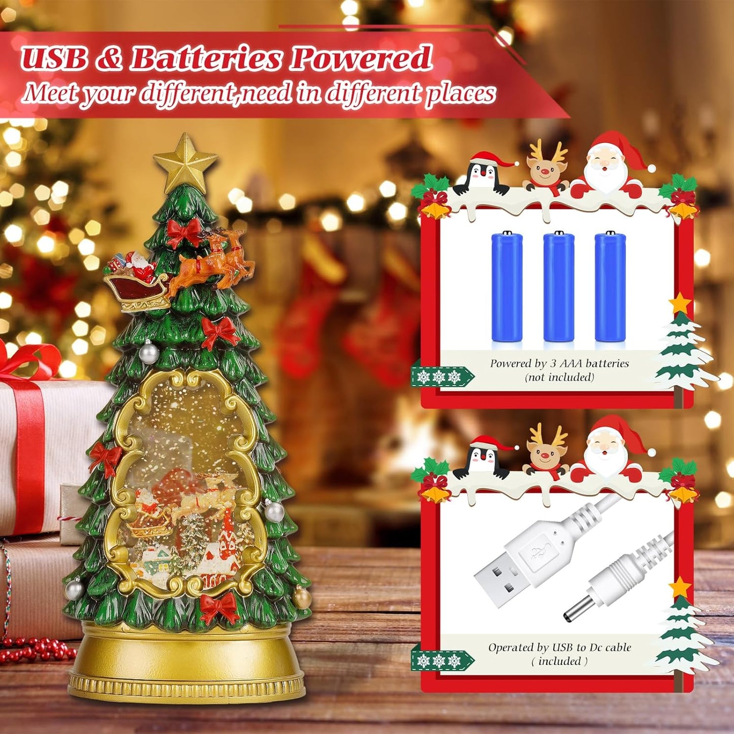 Christmas Snow Globes,with Musical and 6 Hour Timer,Snow Globes Lights, Christmas Indoor Decorations, Christmas Tree Decorations,USB & Battery Powered,Christmas Christmas Santa Claus