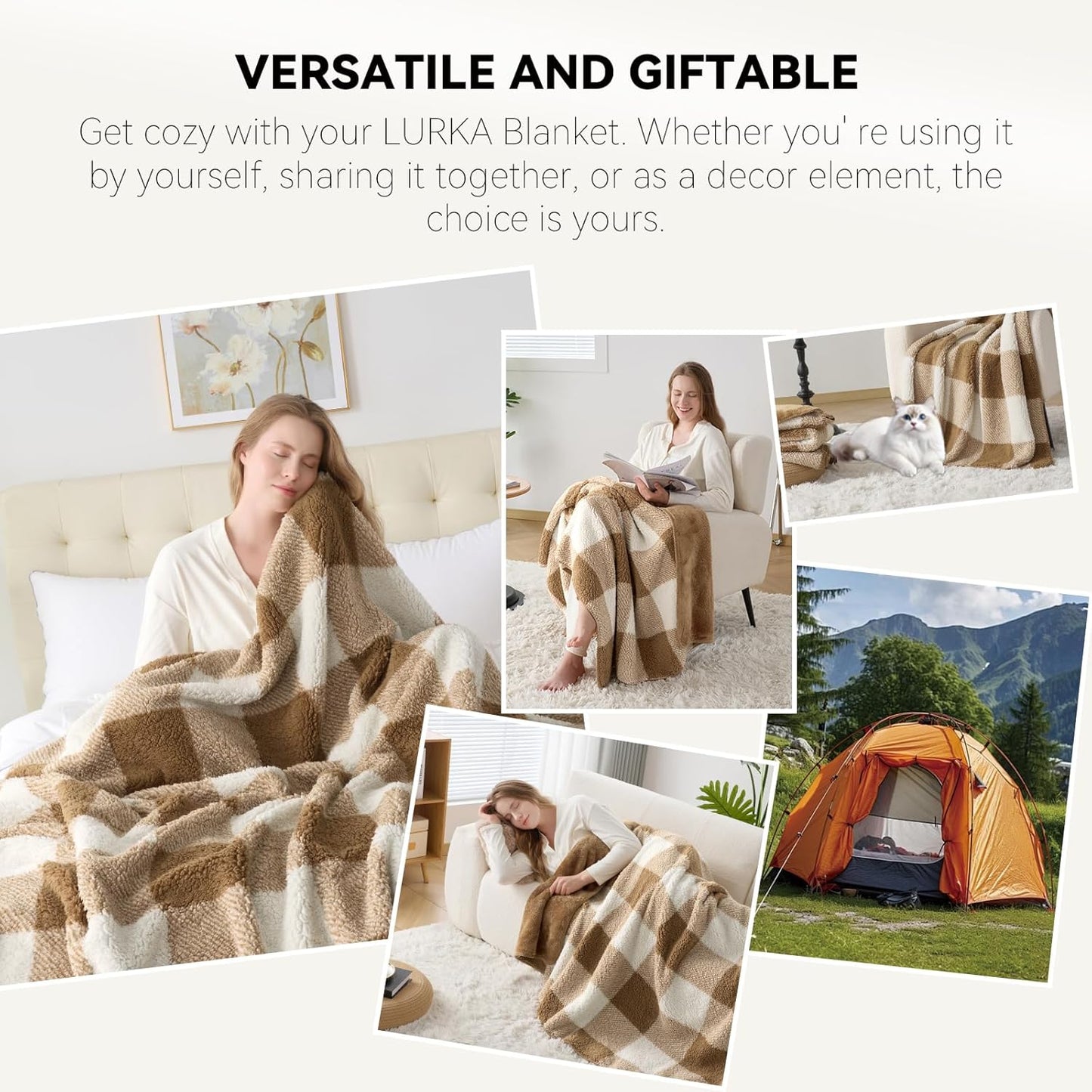 LURKA Checkered Sherpa Fleece Twin-Size Bed Blanket - Extra Thick and Warm Winter Soft Fuzzy Plush Blanket for Couches, Beds & Pets, Brown, 60x80 Inches