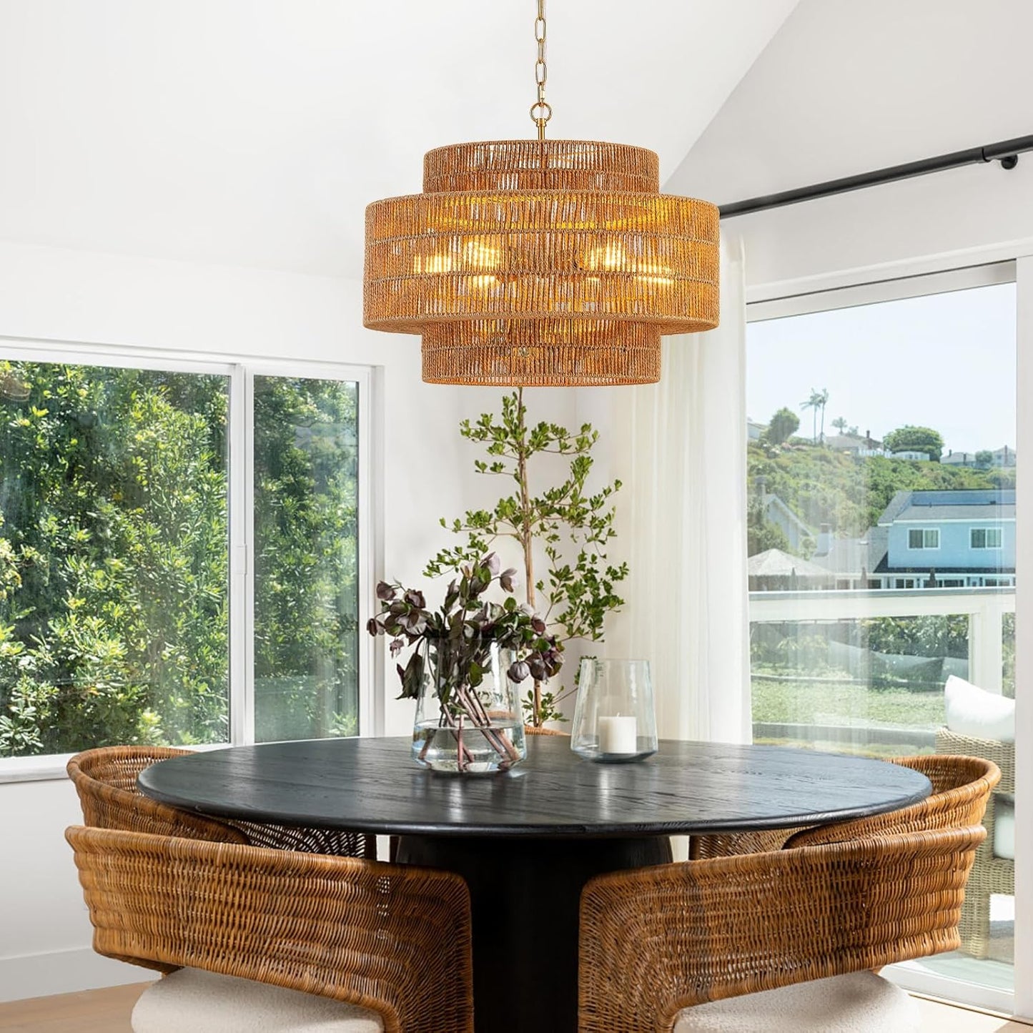 23.6" Rattan Chandelier Light Fixture 6-Light Vintage Farmhouse Hand-Woven Boho Bamboo Rattan Chandelier 3-Tier Drum Wicker Gold Chandeliers for Dining Room, Kitchen, Living Room