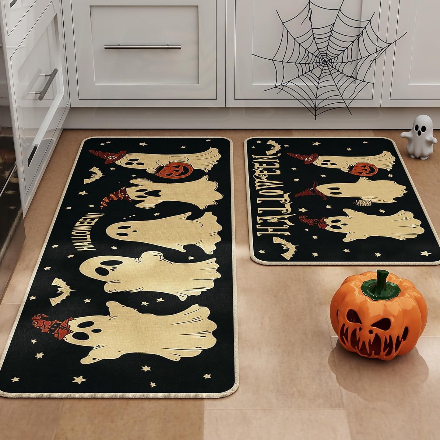 Halloween Kitchen Mat Set of 2, Pumpkin Ghost Bat Halloween Kitchen Decor, Halloween Rug for Floor, Indoor Spooky Home Decor with Non-Slip Backing,17 x 29 Inch & 17 x 47 Inch