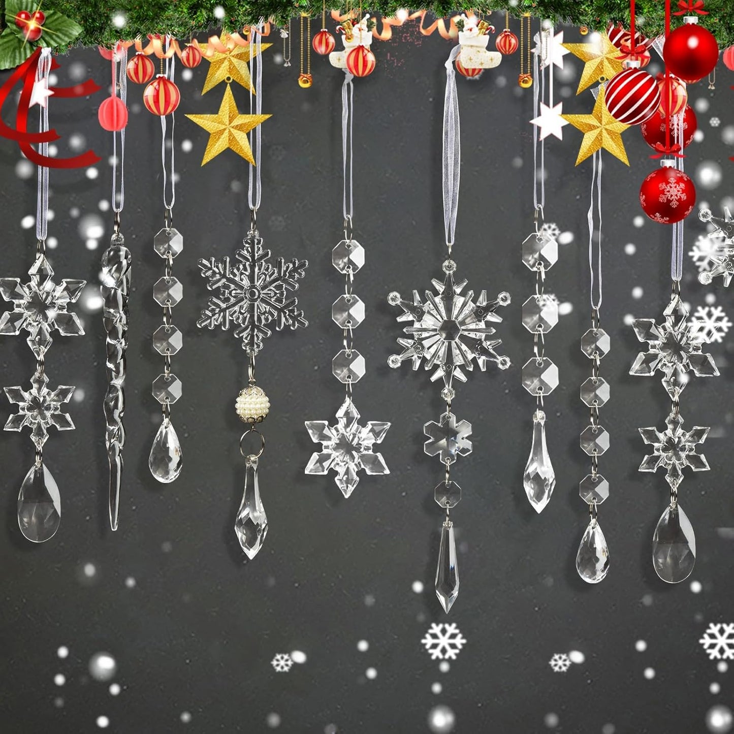 Christmas Tree Decoration Crystal Ornaments - 48pcs Acrylic Christmas Ornaments Snowflake Icicle Drop Crystal Hanging Ornaments for Xmas Tree Winter Holiday Frozen Party Decorations