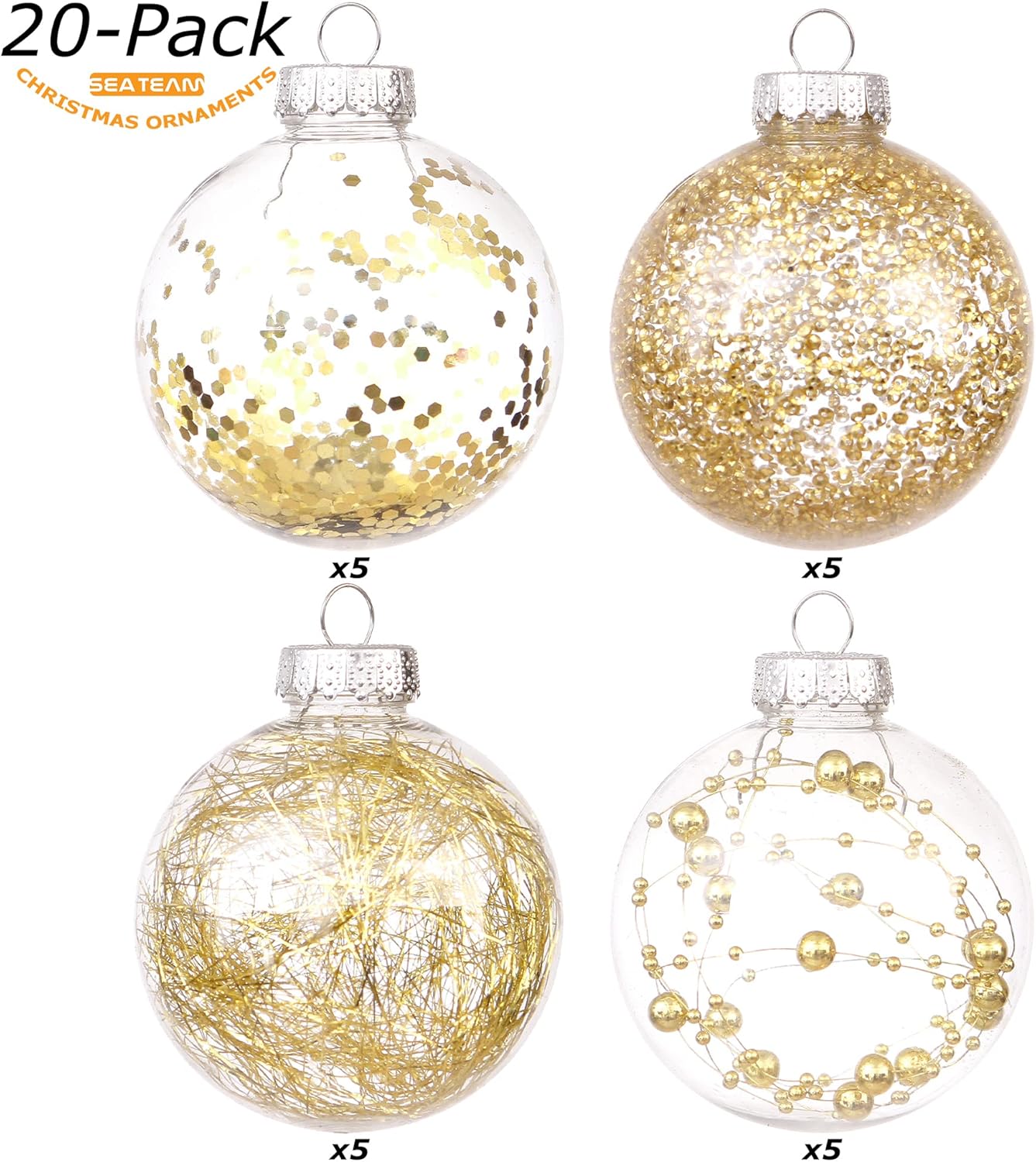 Sea Team Shatterproof Clear Plastic Christmas Ball Ornaments Decorative Xmas Balls Baubles Set with Stuffed Delicate Decorations (80mm/3.15 inch 20-Pack, Gold)
