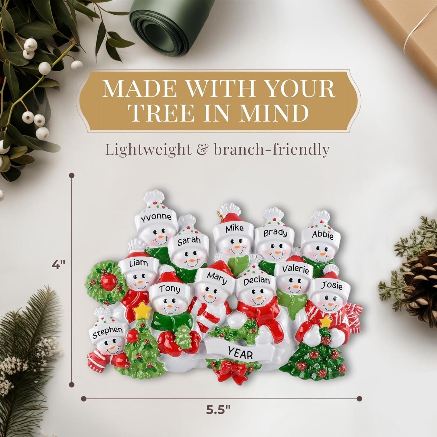 Personalized Large Family of 12 Ornament 2025 | Free 24h Customization | Laser Engraved Snowman Christmas Ornaments for Tree | Custom Gift Wrapped Festive Holiday Keepsake for Twelve Persons