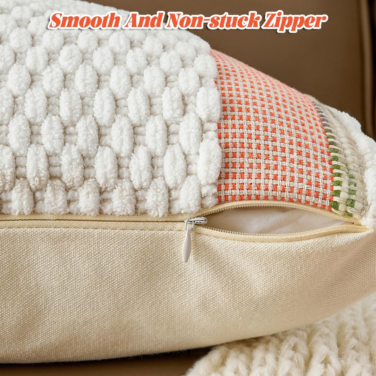 AmHoo Chenille Striped Textured Boho Throw Pillow Covers Aesthetic with Tassels Woven Decorative Pillow Case for Couch Bed Sofa Bedroom Modern Funky 18 x 18-Inch White Orange