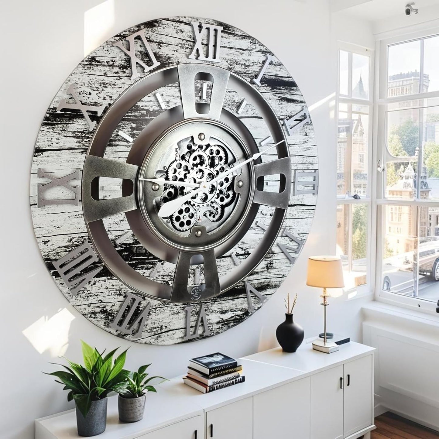 The Gears Clock Real Moving Gear Wall Clock England Line (Grey & White, 36 inches (90 cm))