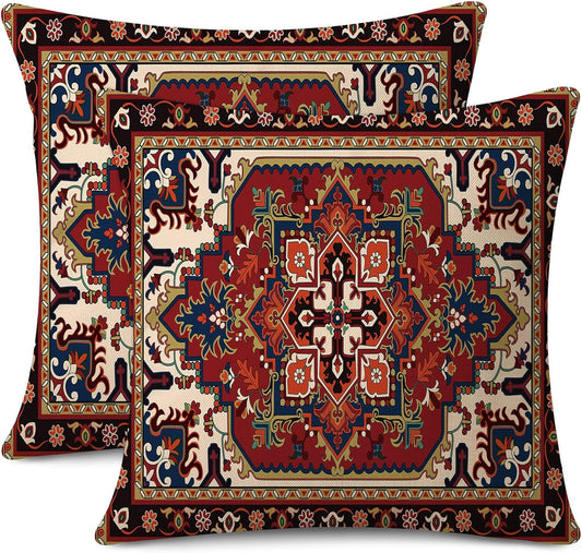 Outdoor Waterproof Pillow Covers 18x18 Inch Red Floral Bohemian Vintage Carpet Pattern Ethnic Design Decorative Farmhouse Cushion Cases for Sofa Couch Garden Balcony Set of 2