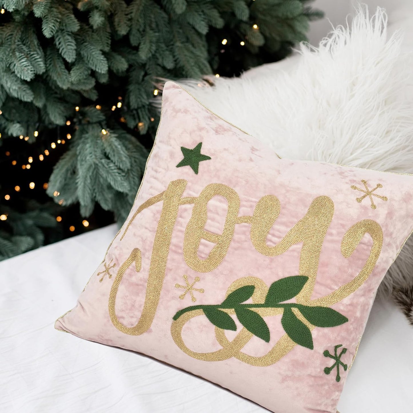 Joy Christmas Pillow Covers 18x18,Embroidered Christmas Throw Pillow Covers Christmas Decorations Holiday Pillows for Home Couch,Pink Blush Gold Velvet Cushion
