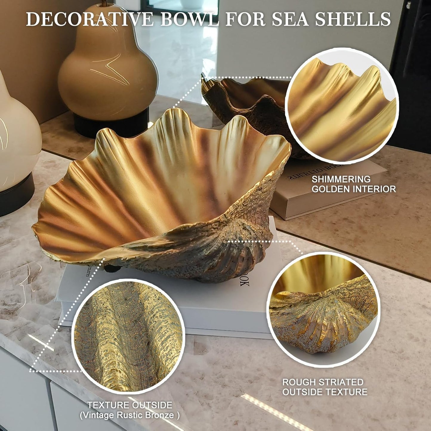 Large Clam Shells Decorative Bowl-Bronze/Golden Sea Shells Decorative Storage Bowls for Coastal Beach theme house table centerpiece decorations & Nautical decorations for coffee table -10.2"-1PC
