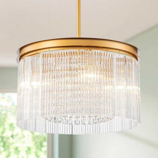 4-Lights Drum Glass Chandelier, Modern Style Light Fixture for Dining Room, Bedroom, Ripple Glass Shade & Brass Finish, D16.5 * H18~48 inch (Adjustable Height)