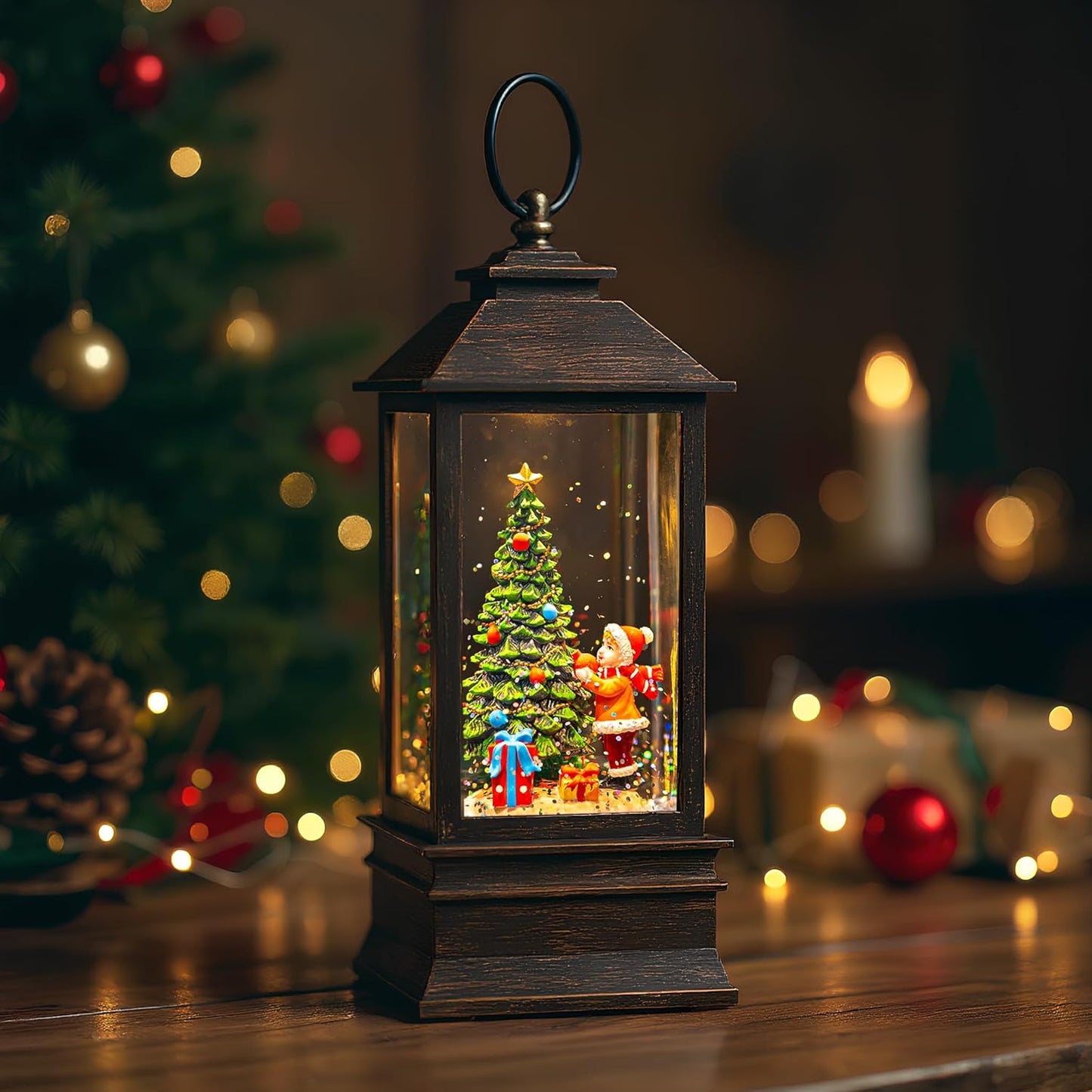 Christmas Snow Globe Lantern Water Glittering Christmas Tree Gifts with Music & Timer, USB Lined/Battery Operated Lighted Lantern for Christmas Festival Decorations