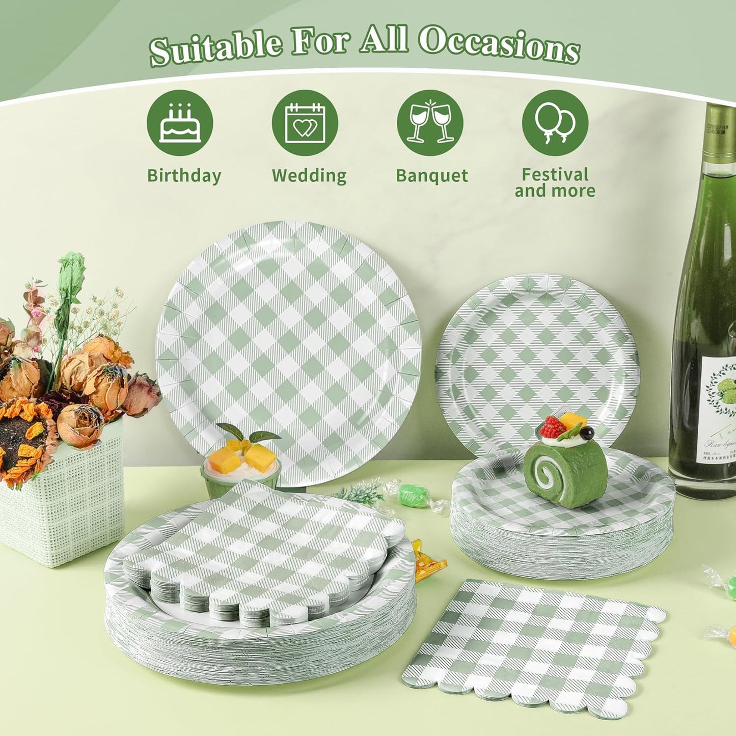 200Pcs Sage Green Gingham Party Supplies Gingham Paper Plates and Napkins Cups Sage Plaid Plates Disposable Green and White Plaid Party Decor for Birthday Family Picnic BBQ,Serves 50 Guests